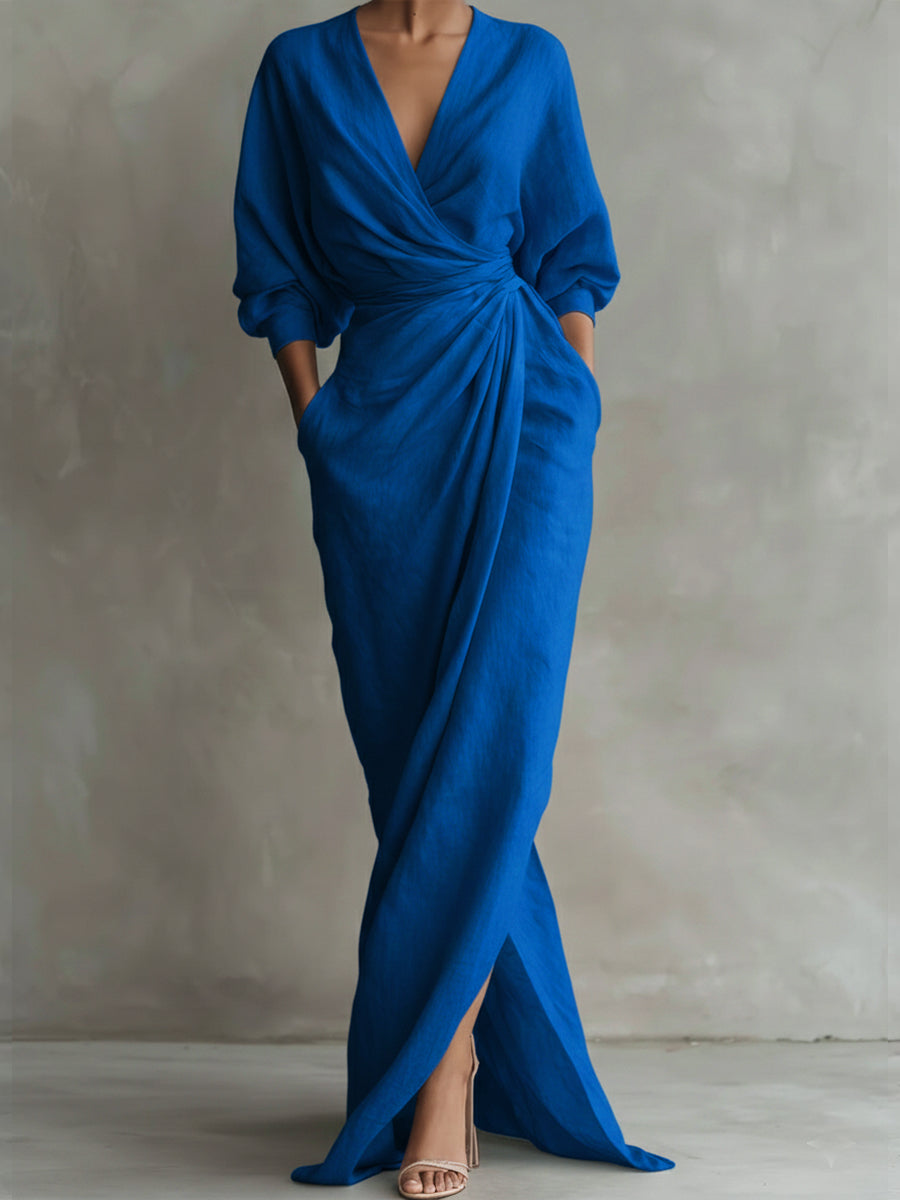 Surplice V-Neck Batwing Sleeve Twist Front Draped Wrap Maxi Dress