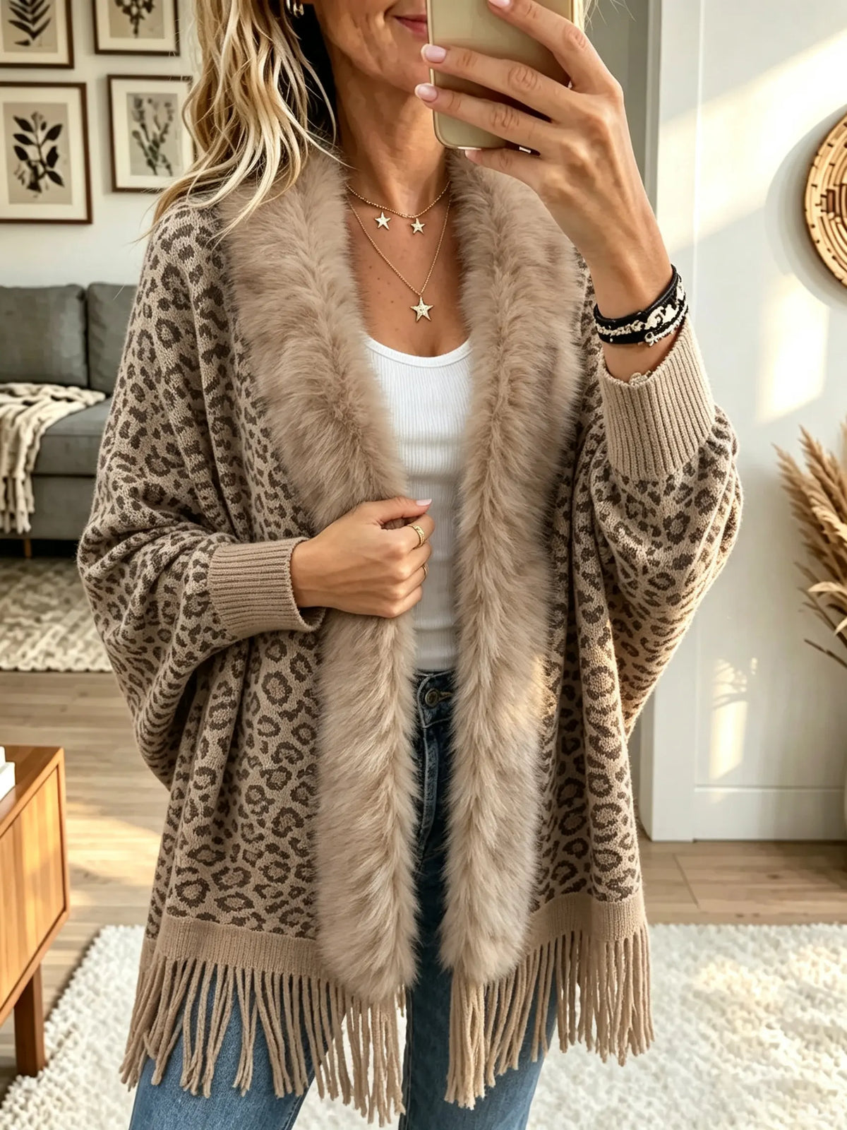 Leopard Faux Fur Collar Fringe Hem Open Front Cardigan 4