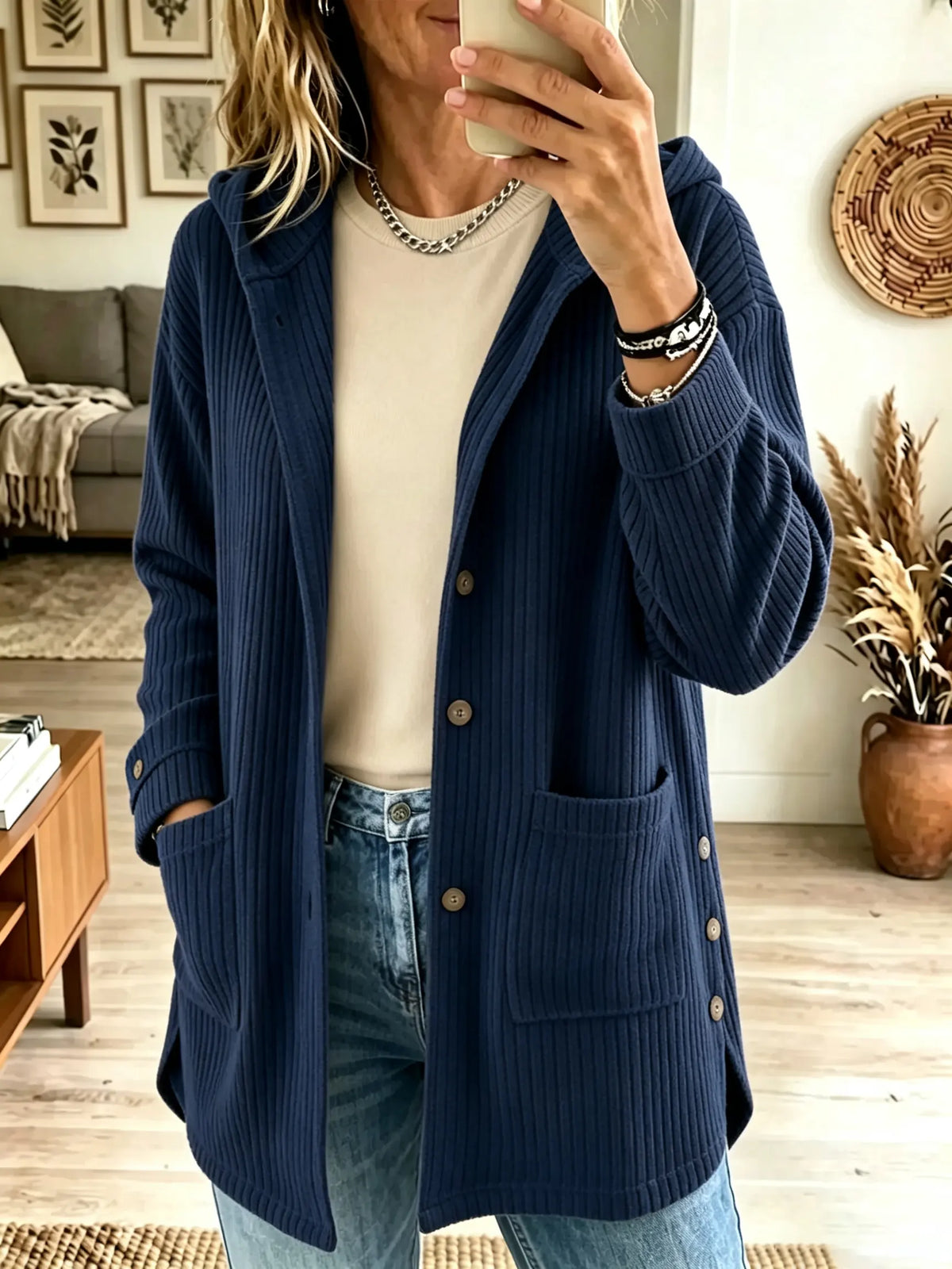 Hooded Button Front Patch Pocket Ribbed Longline Cardigan 3