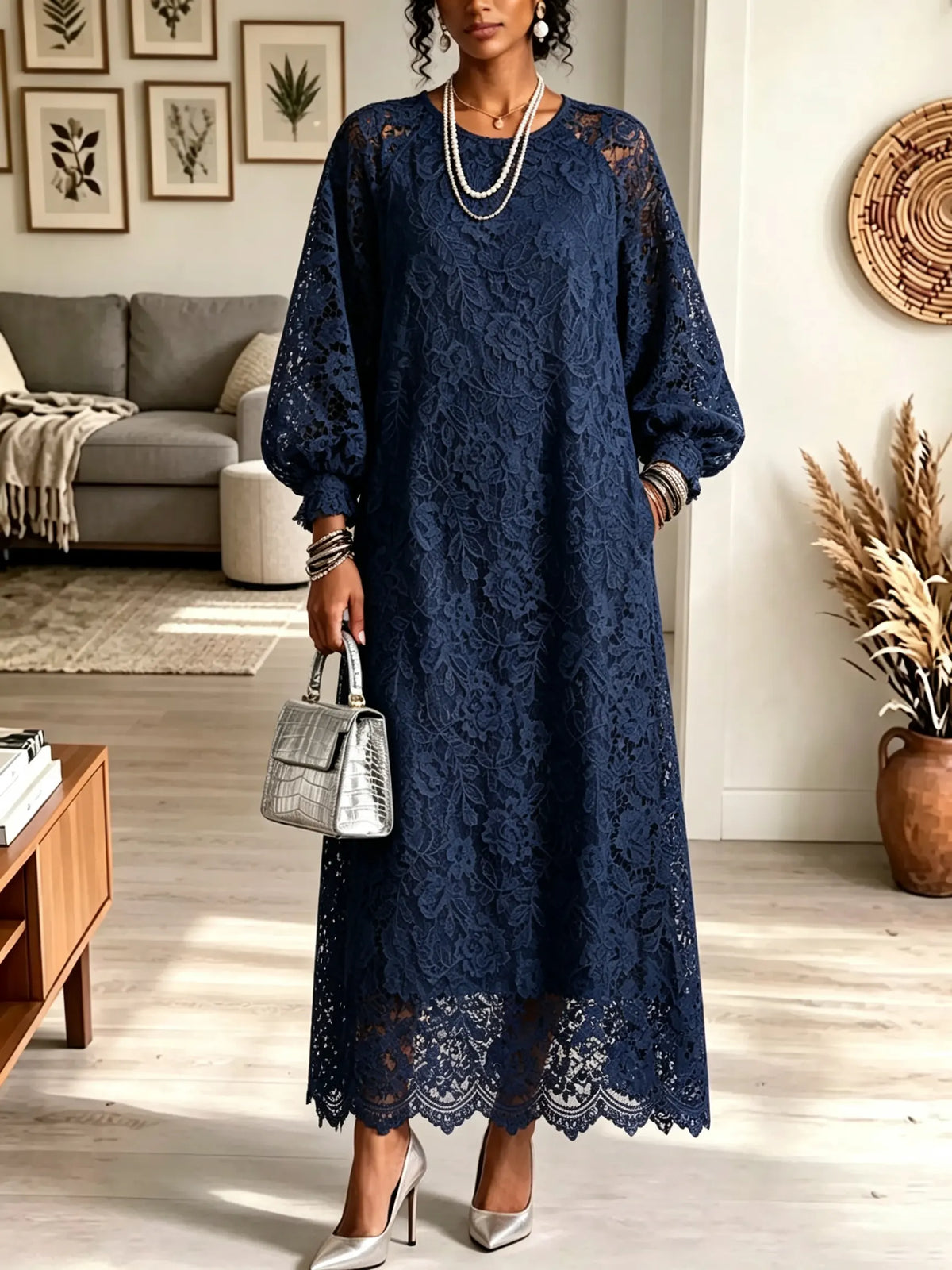 Navyblue Round Neck Floral Lace Balloon Sleeve Scalloped Hem Maxi Dress