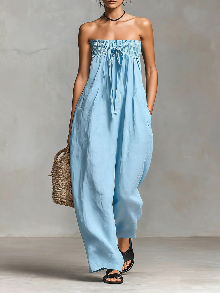 Strapless Shirred Drawstring Wide Leg Jumpsuit 5