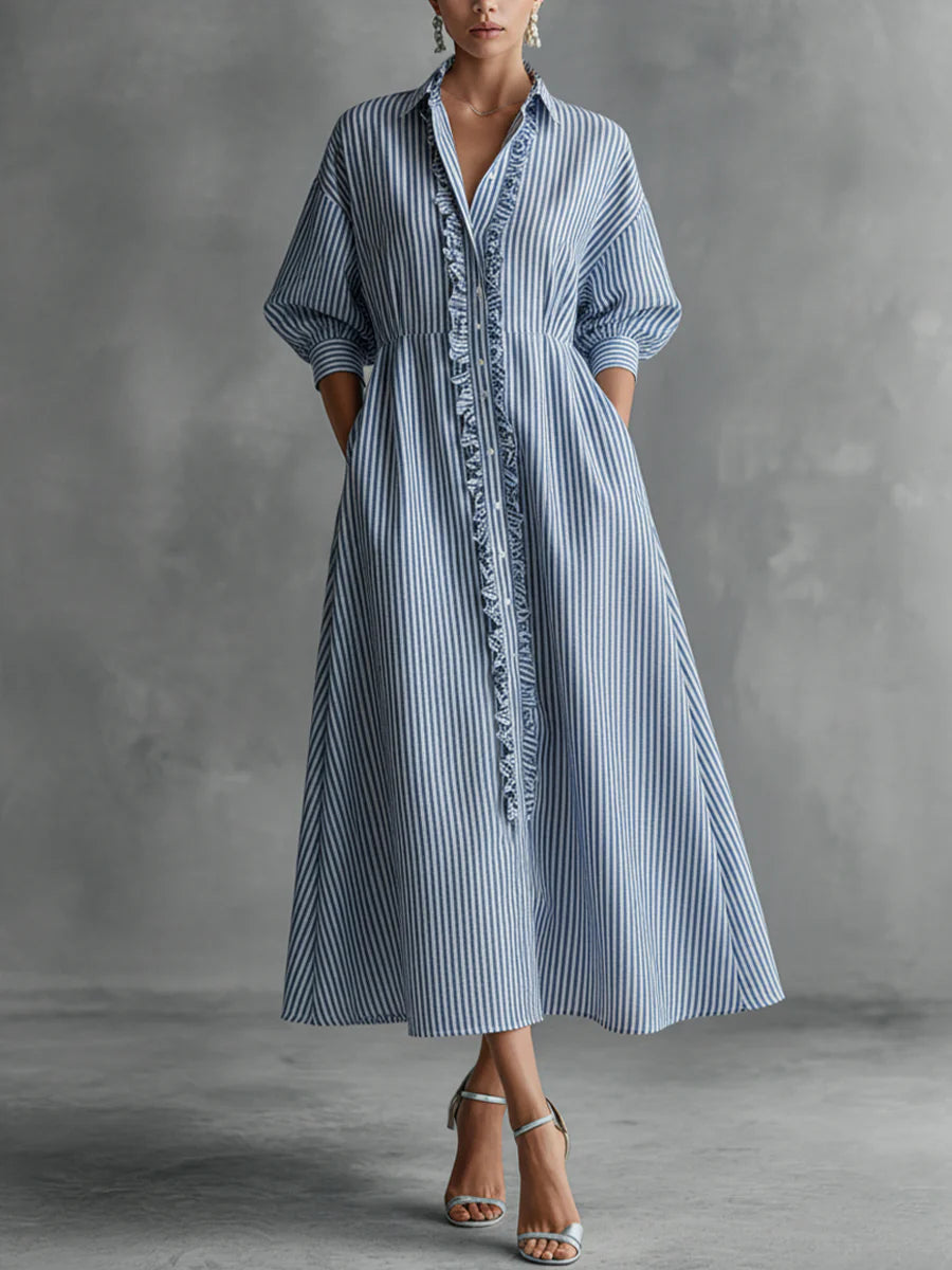 Lapel Collar Striped Button Front Ruffle Trim Shirt Maxi Dress