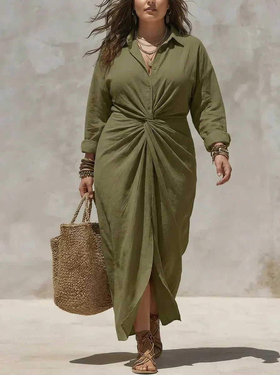 Collared Button Front Long Sleeve Linen Twist Knot Shirt Maxi Dress