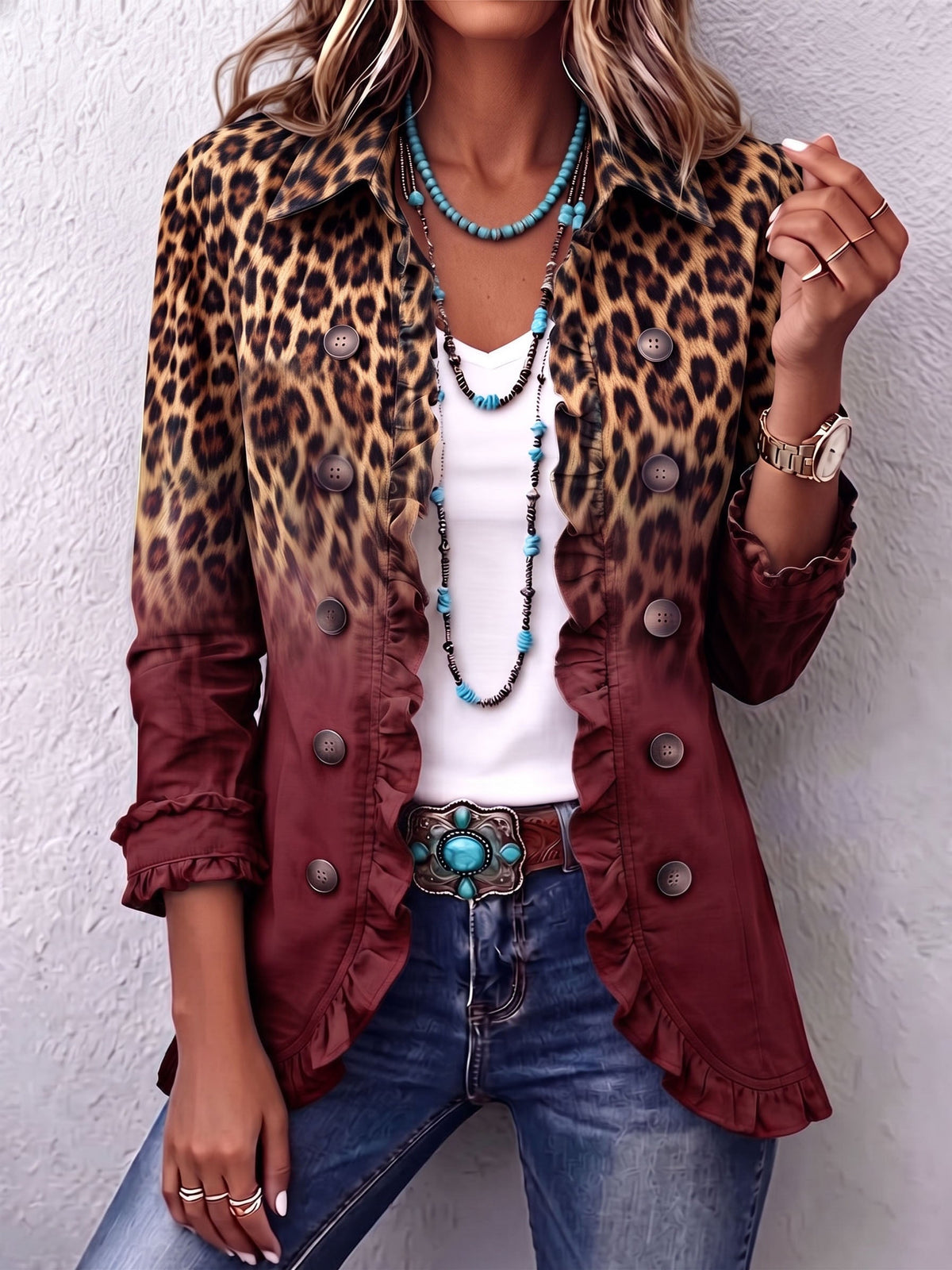 Lapel Collar Leopard Ombre Ruffle Trim Button Blazer 5