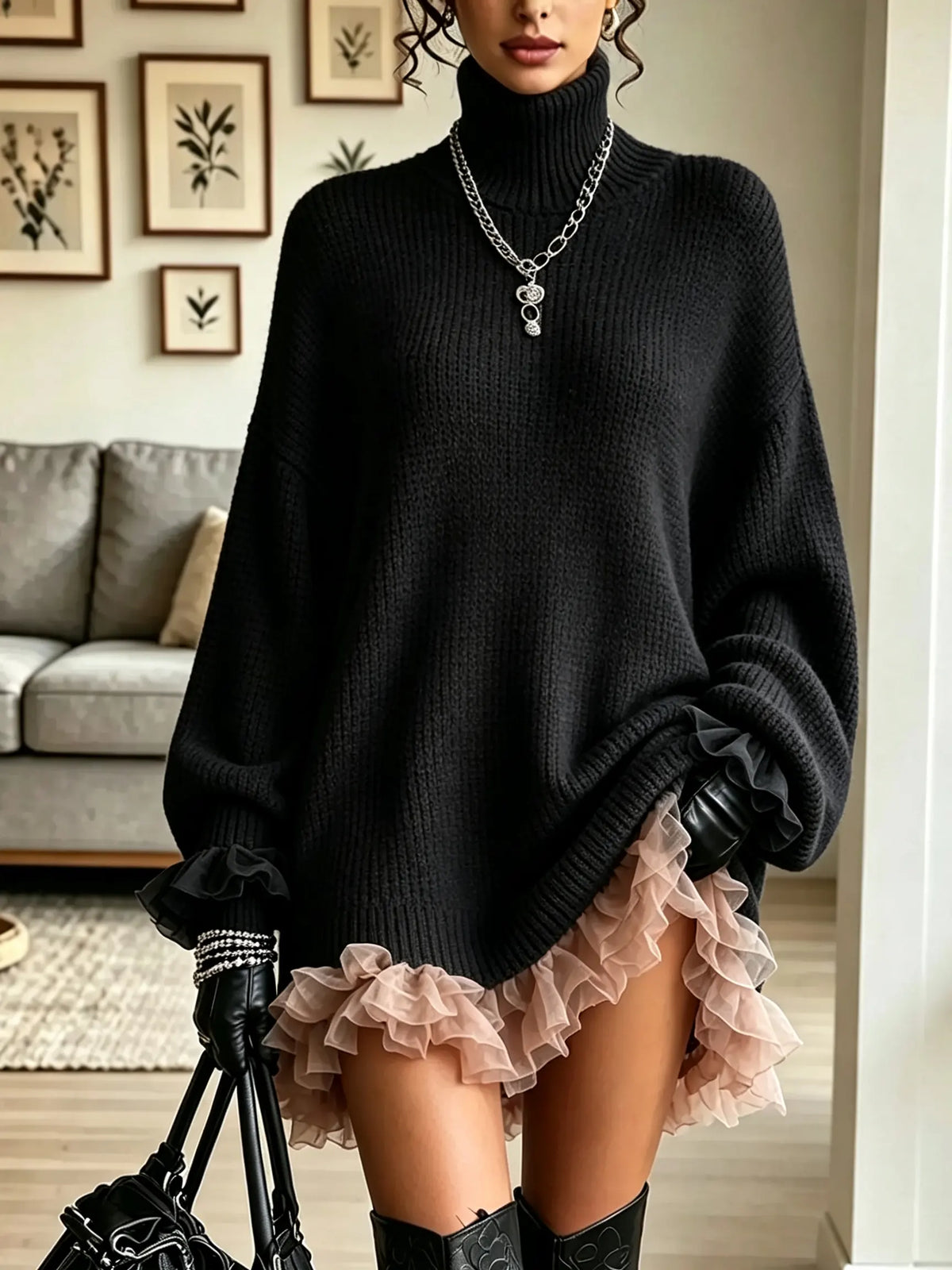 Turtleneck Ribbed Knit Balloon Sleeve Ruffle Mesh Hem Mini Dress 3