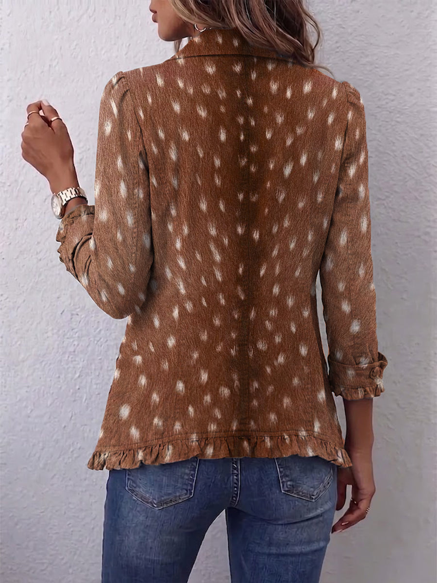 Brown Collared Spotted Print Double-Breasted Ruffle Trim Long Sleeve Jacket 2