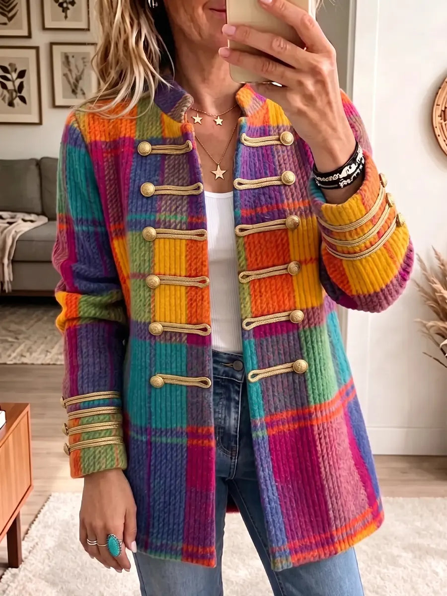 Multicolor Stand Collar Plaid Knit Double Breasted Military Button Jacket
