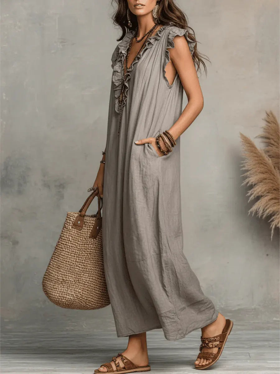 Ruffle Front Sleeveless Linen Loose Maxi Dress 4