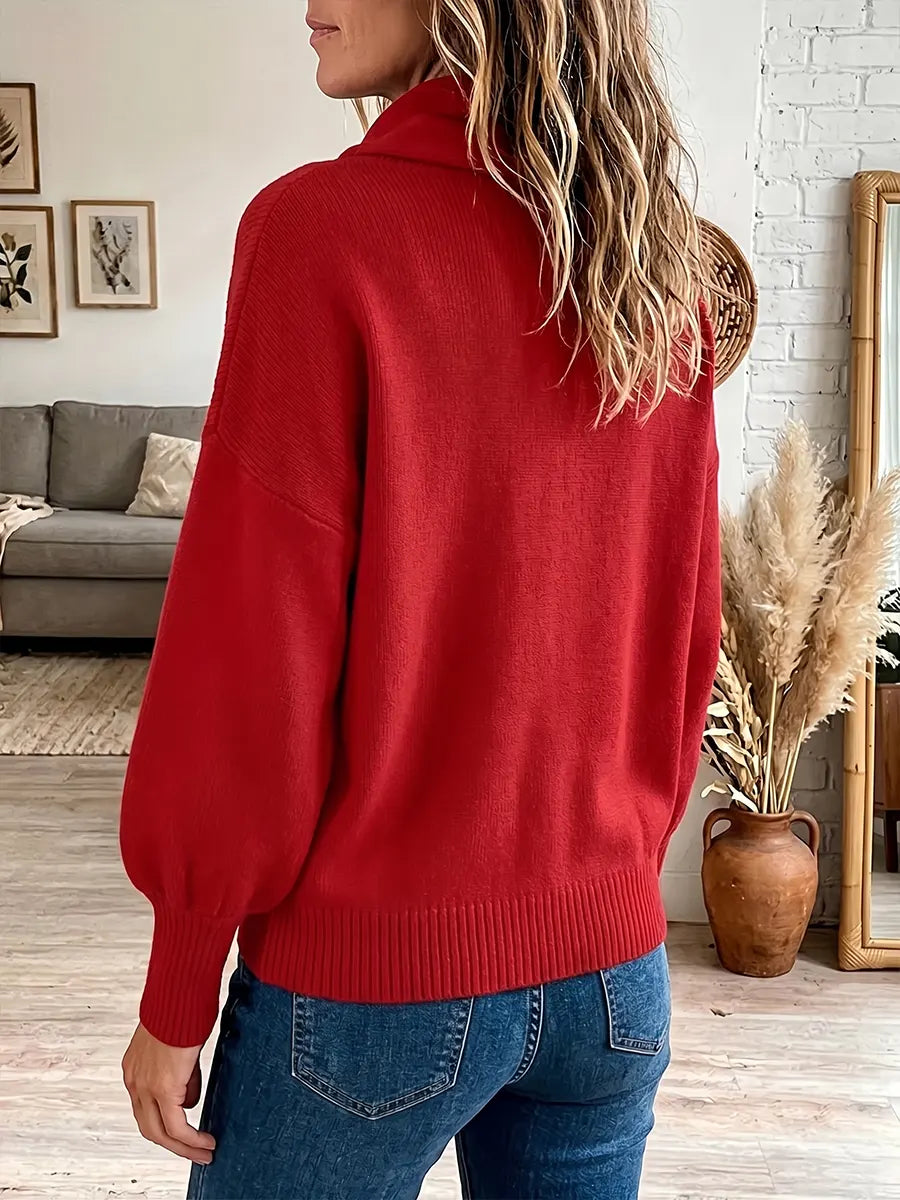 Red Mock Neck Asymmetric Drape Long Sleeve Knit Sweater 2