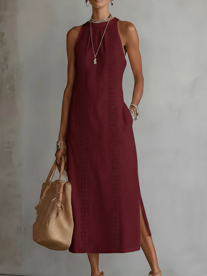 Mock Neck Crochet Trim Side Slit Column Midi Dress 4