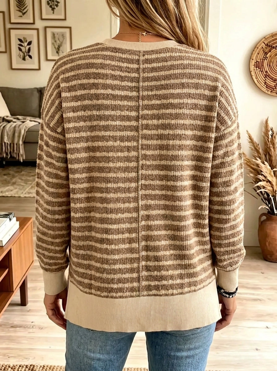 Brown Crew Neck Striped Drop Shoulder Side Slit Knit Sweater 2