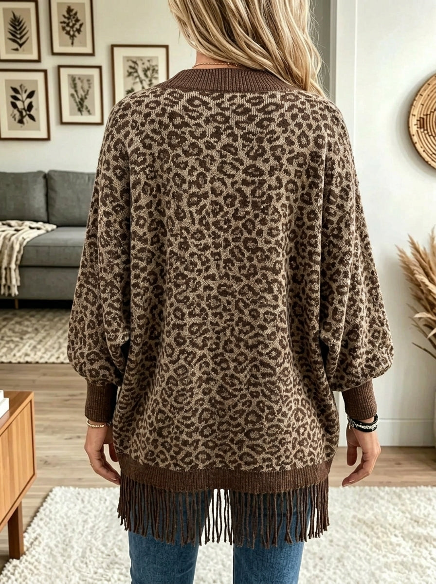 Leopard Faux Fur Collar Fringe Hem Open Front Cardigan 2