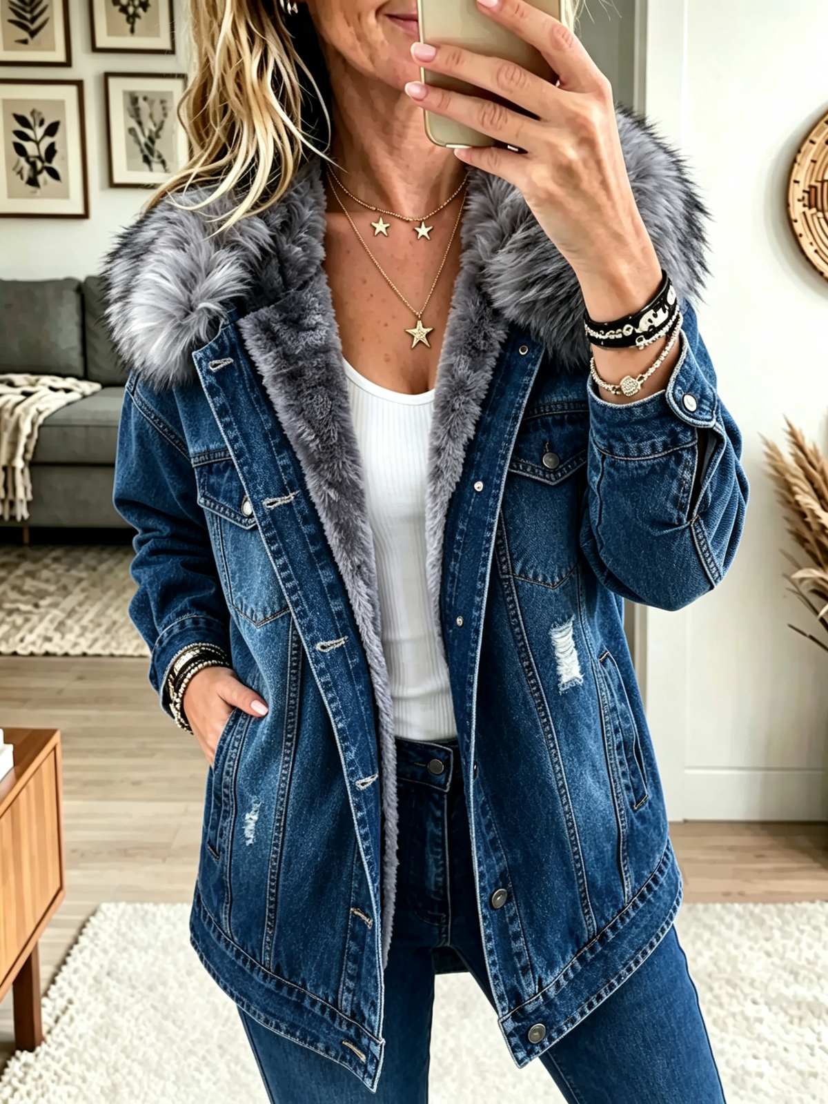 Faux Fur Collar Fleece Lined Distressed Longline Denim Jacket