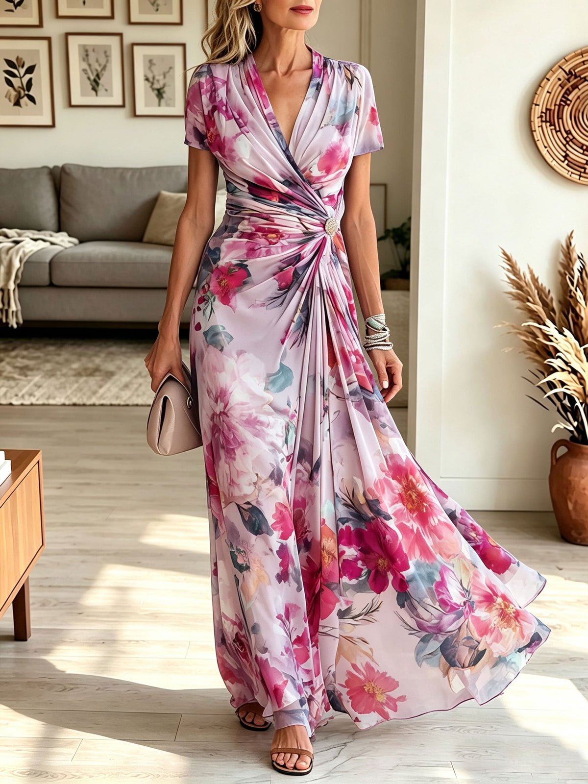 Multicolor V-Neck Floral Twist Waist Short Sleeve Wrap Chiffon Maxi Dress