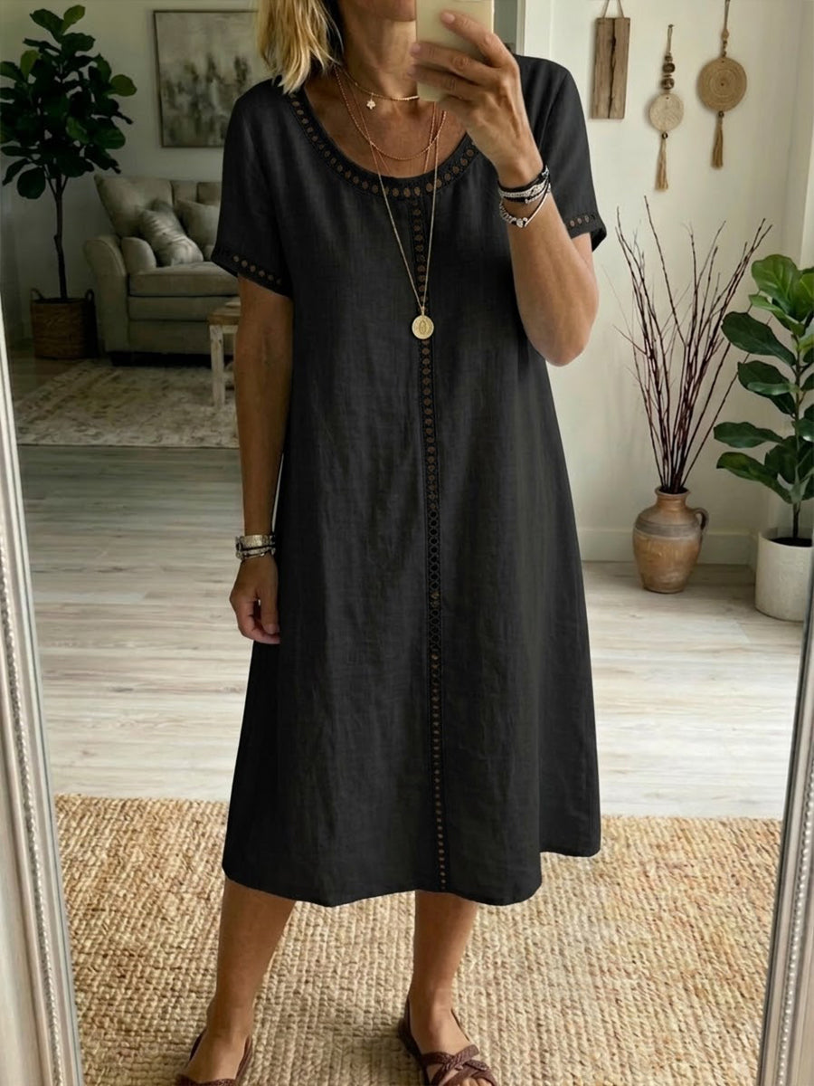 Round Neck Openwork Trim Short Sleeve Linen Midi Dress 4