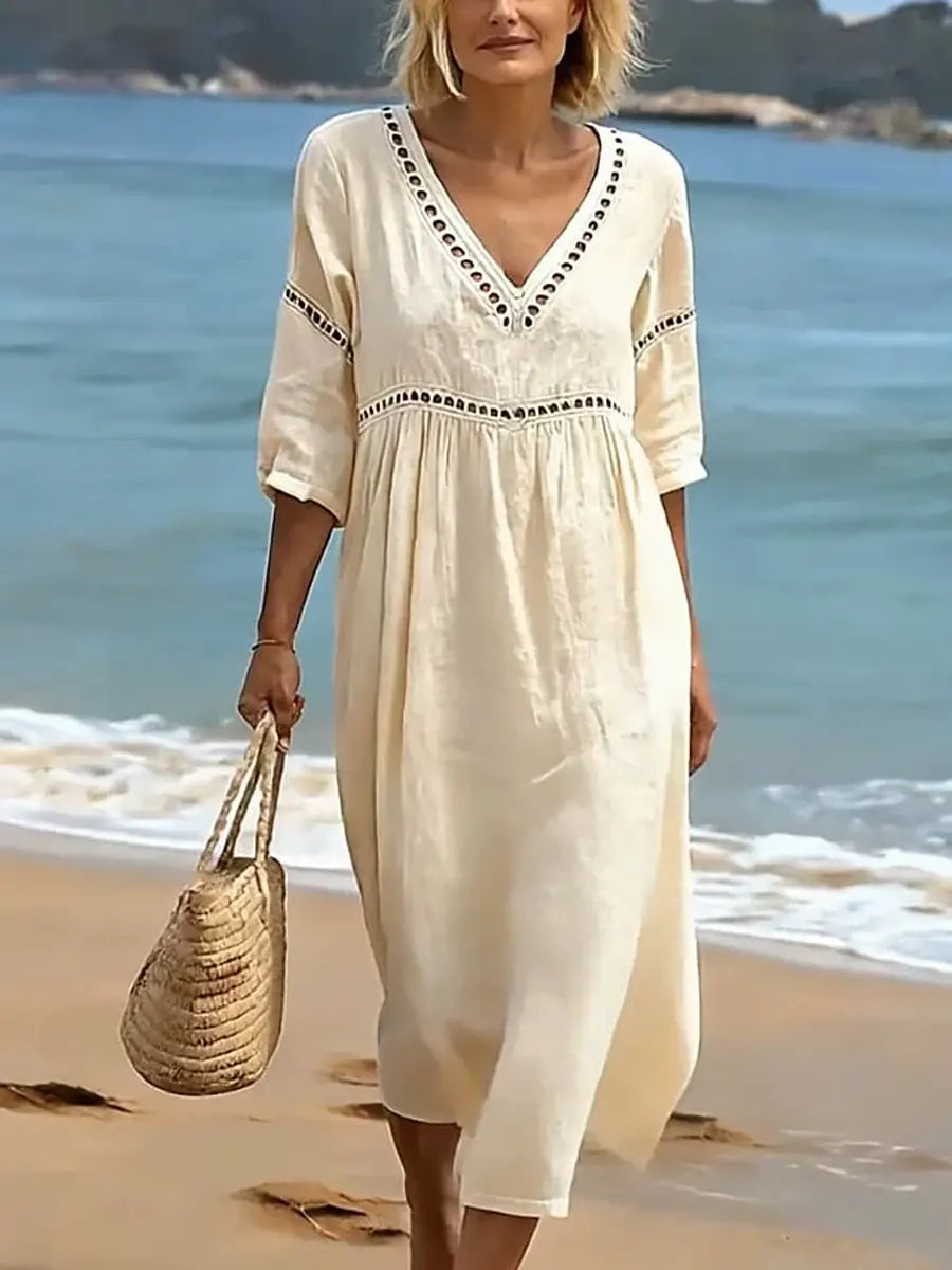 V-Neck Crochet Lace Trim Half Sleeve Loose Cotton Maxi Dress 2