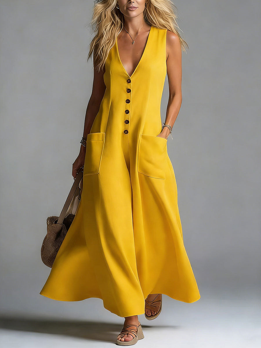 V-Neck Sleeveless Button Front Patch Pocket Flowy A-Line Maxi Dress 5