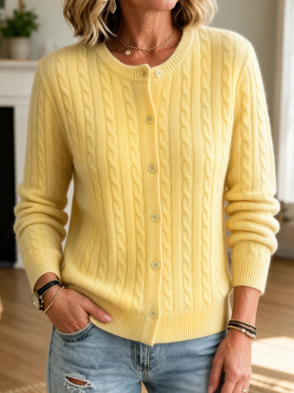 Yellow Round Neck Cable Knit Button Front Long Sleeve Cardigan