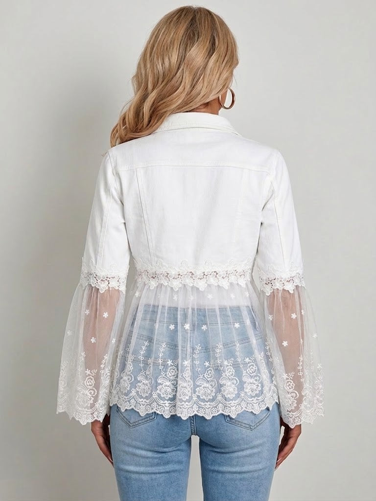 White Collared Floral Lace Mesh Panel Bell Sleeve Denim Jacket 2