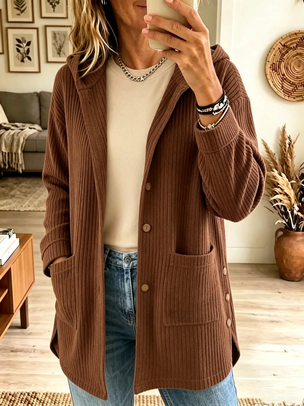 Hooded Button Front Patch Pocket Ribbed Longline Cardigan