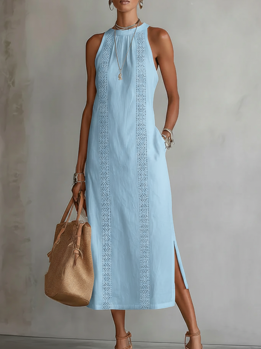 Mock Neck Sleeveless Crochet Lace Panel Side Slit Maxi Dress