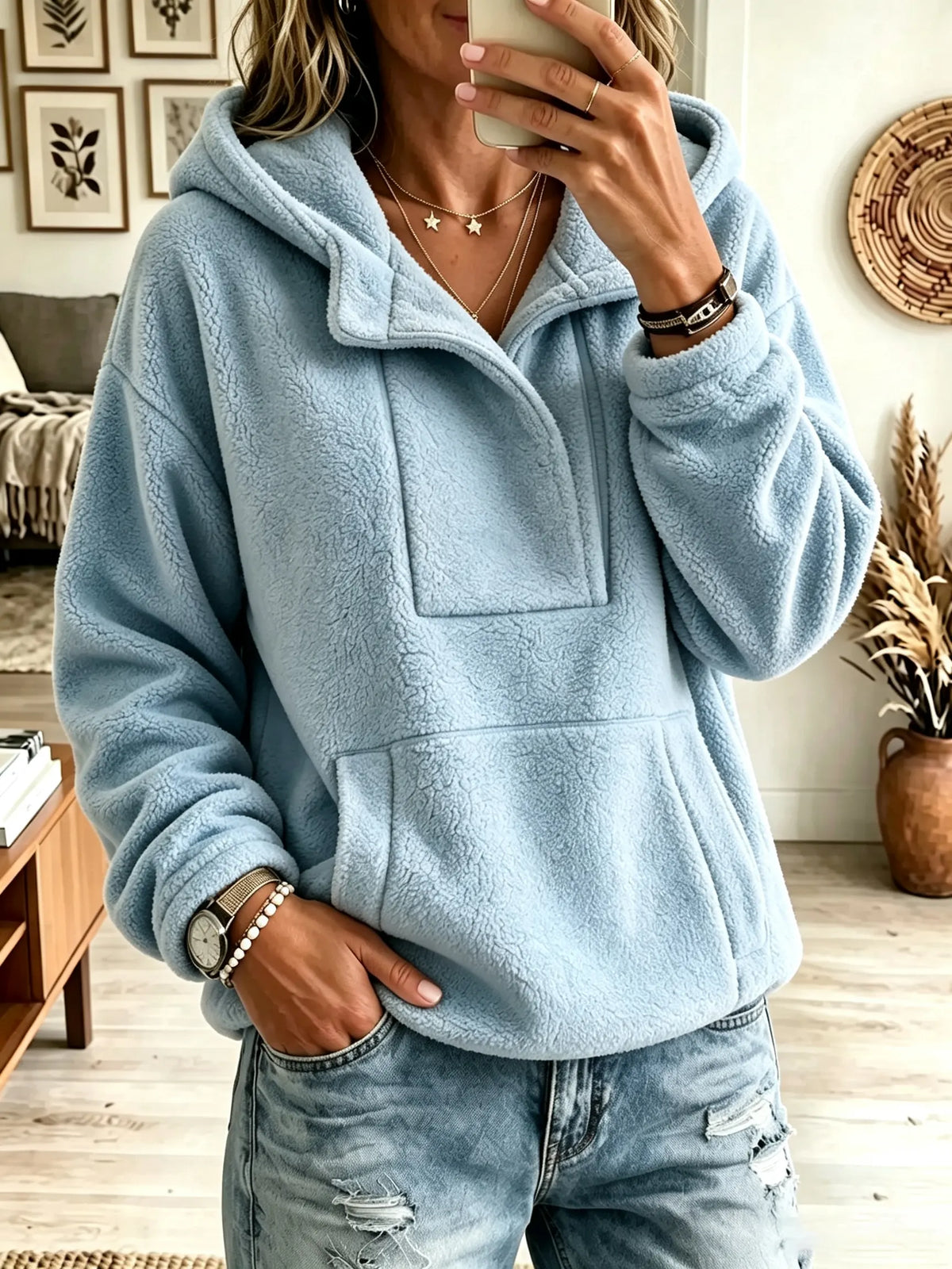 Hooded Half-Zip Kangaroo Pocket Teddy Fleece Pullover 5