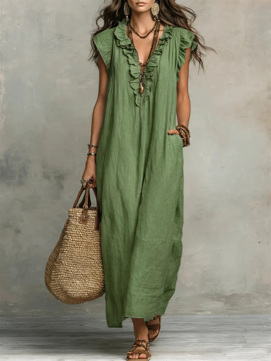 Ruffle Front Sleeveless Linen Loose Maxi Dress 9