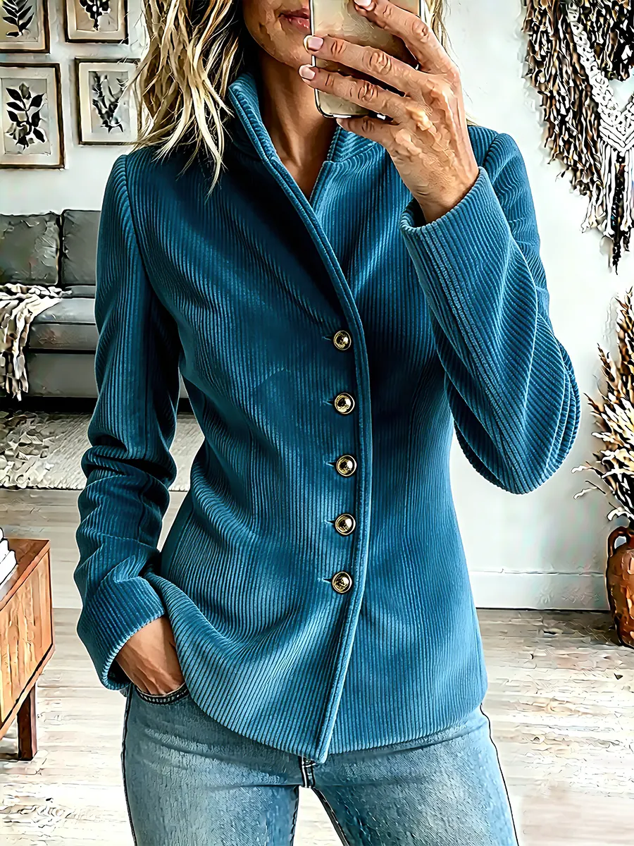 Blue Stand Collar Ribbed Corduroy Asymmetric Button Long Sleeve Jacket
