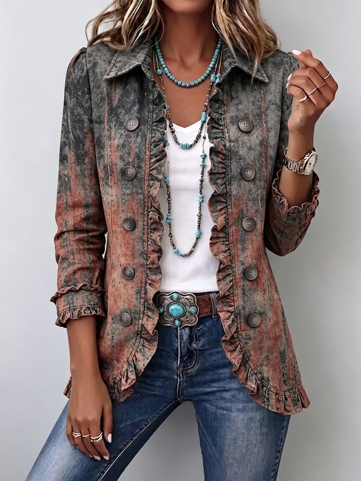 Desert Wash Collared Double-Breasted Ruffle Trim Distressed Textured Long Sleeve Jacket