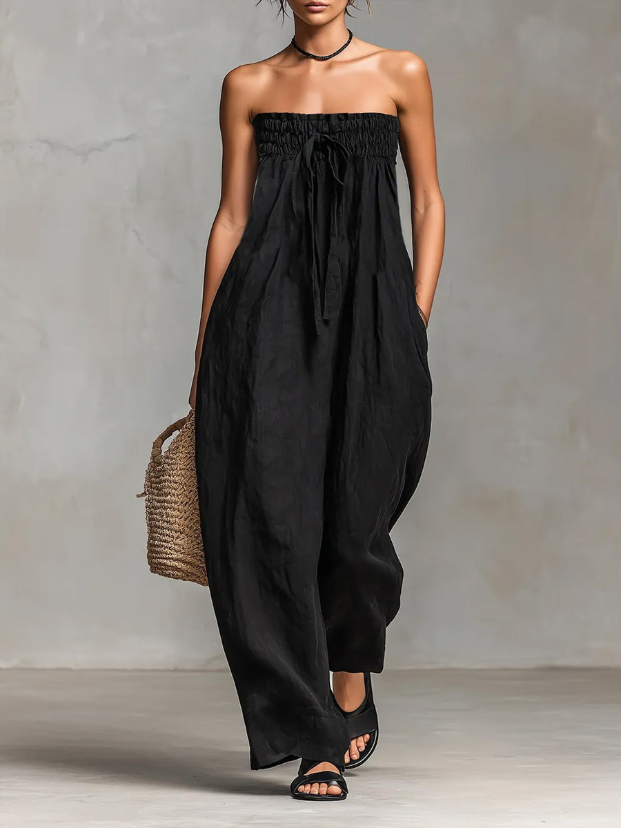 Strapless Shirred Drawstring Wide Leg Jumpsuit