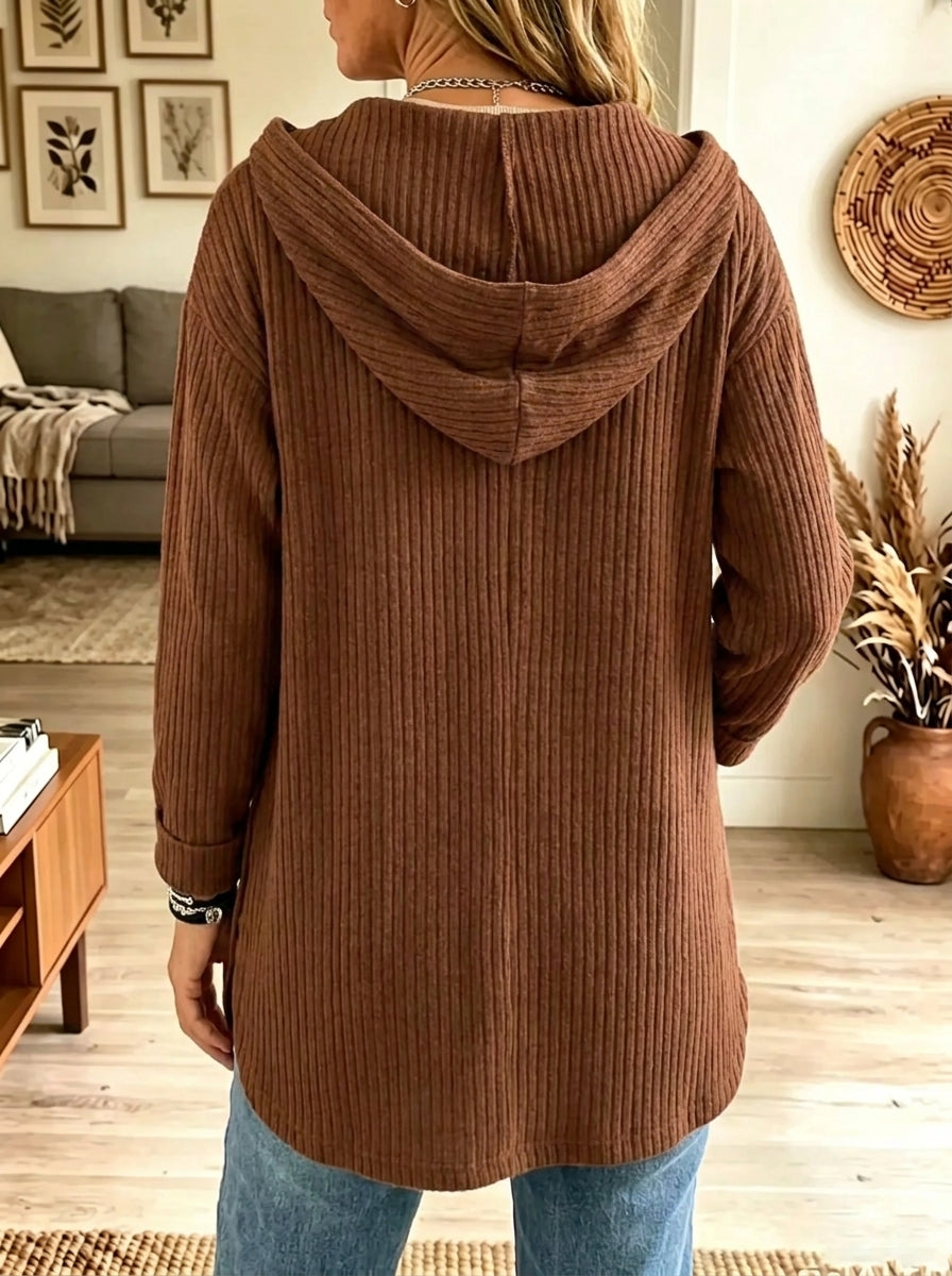 Hooded Button Front Patch Pocket Ribbed Longline Cardigan 2