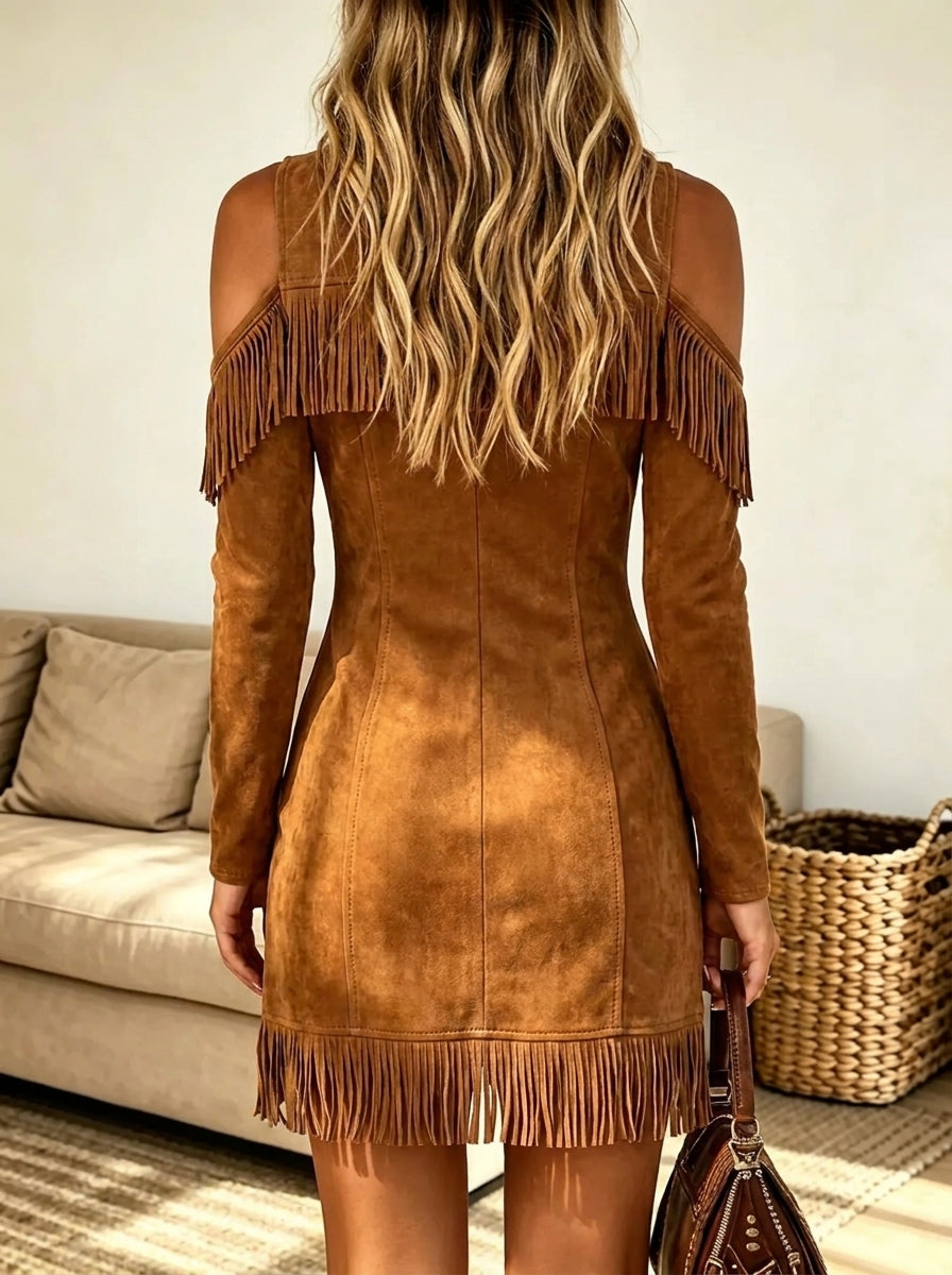 Zip Front Cold Shoulder Suede Fringe A-Line Mini Dress 2