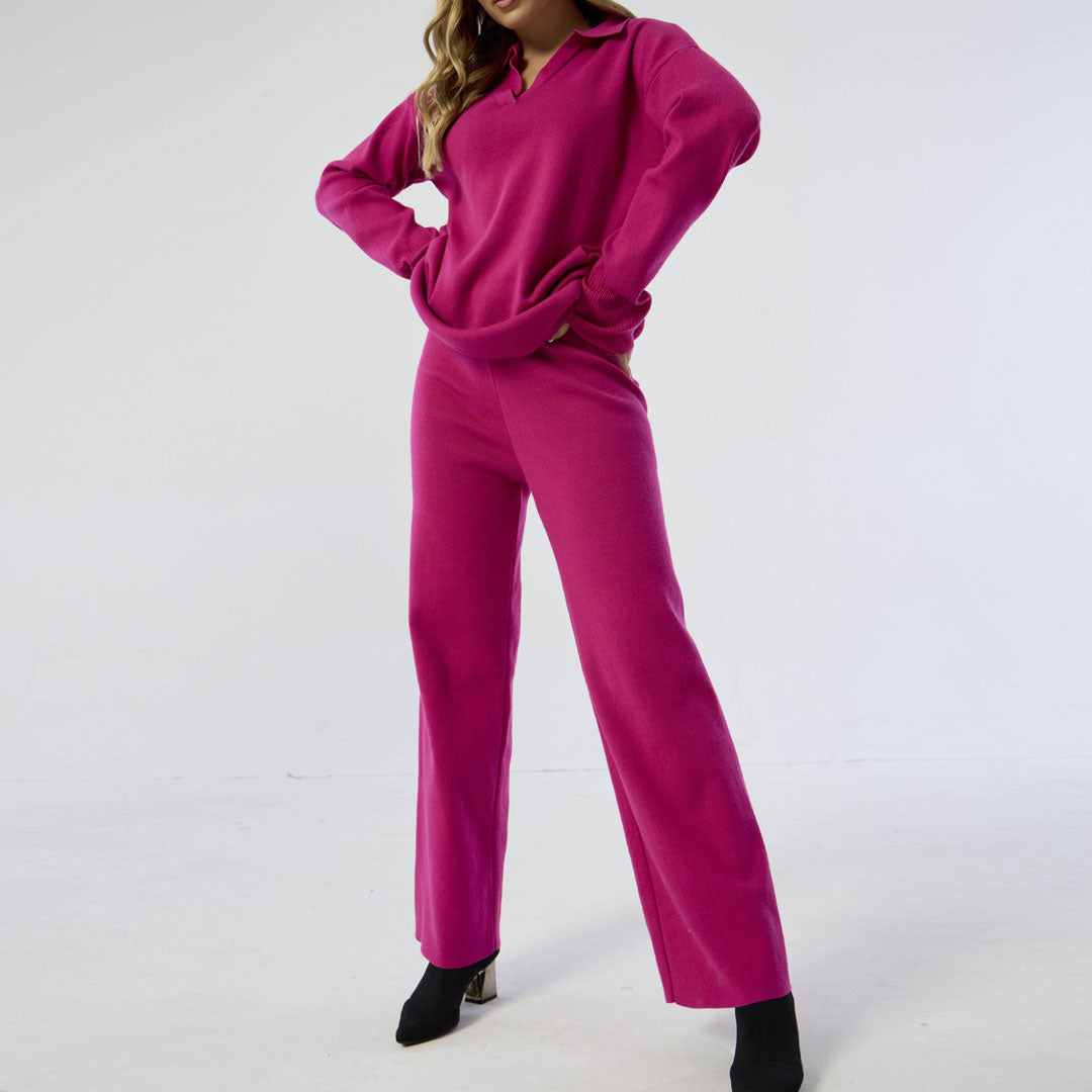 Hot Pink Collared Long Sleeve Knit Sweater Wide Leg Pants Set