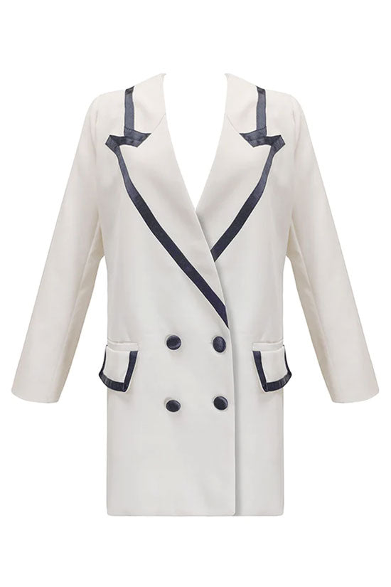 White Contrast Trim Lapel Long Sleeve Double Breasted Blazer Mini Dress
