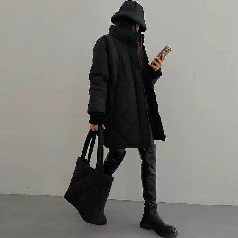 Black Diamond Quilted Hooded Long Sleeve Longline Puffer Jacket 2