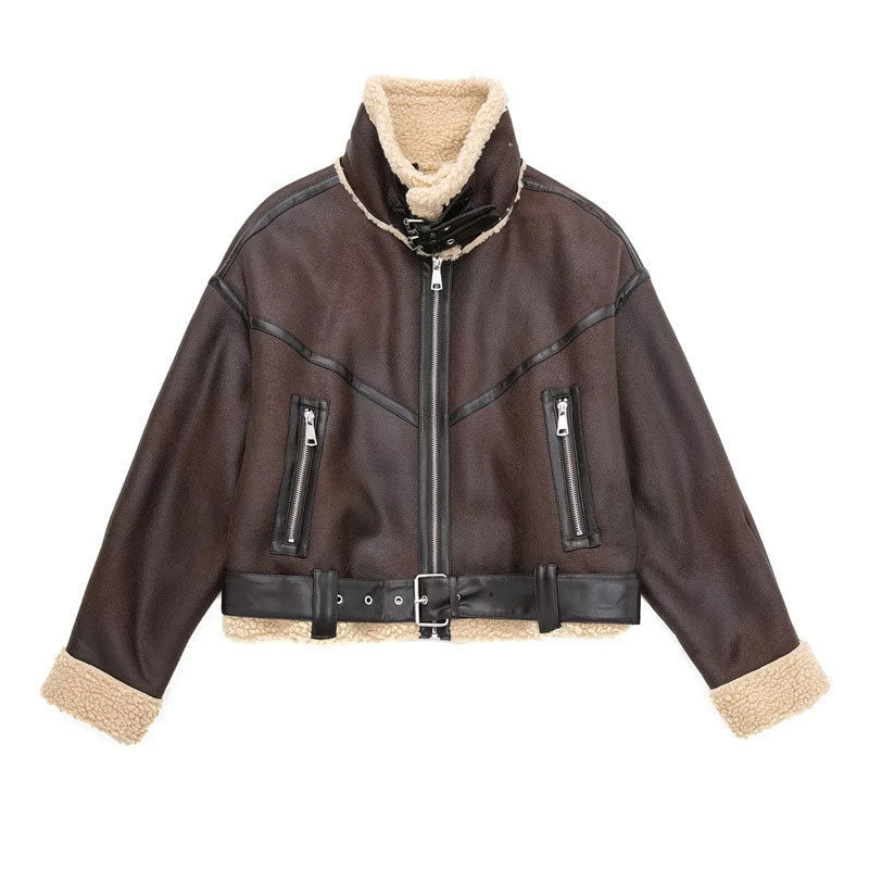 Brown Fleece Lined Buckle Trim Faux Leather Aviator Jacket
