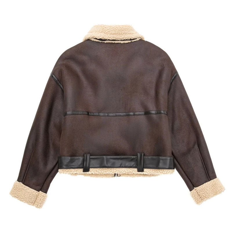 Brown Fleece Lined Buckle Trim Faux Leather Aviator Jacket