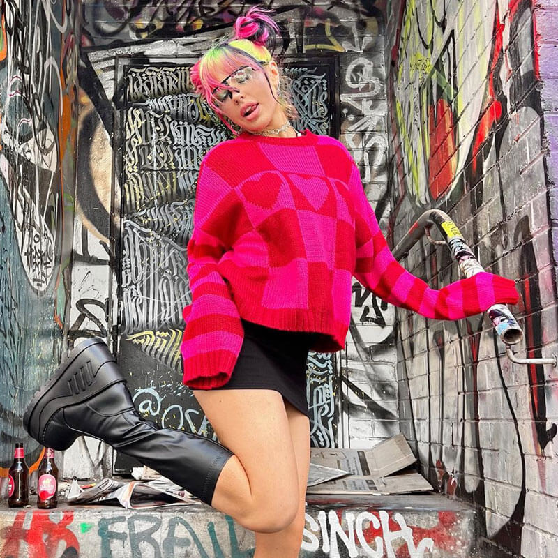 Red Heart Checkerboard Pattern Long Sleeve Knit Sweater