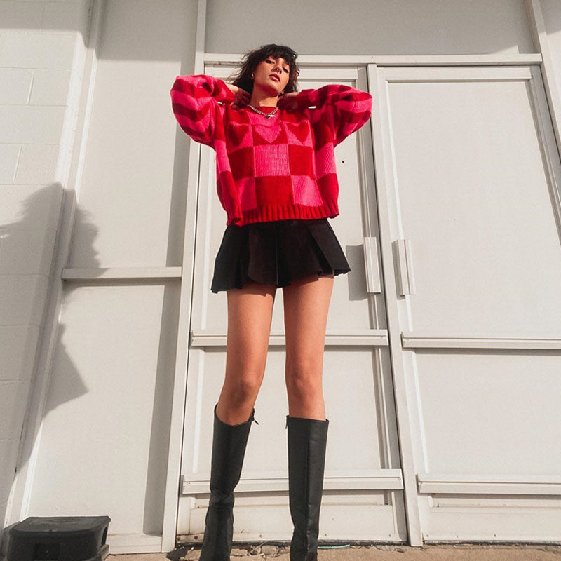 Red Heart Checkerboard Pattern Long Sleeve Knit Sweater