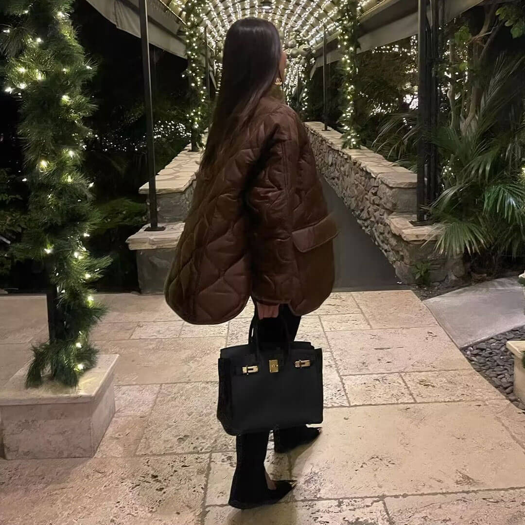 Chocolate Long Sleeve Button Down Flap Pocket Oversized Quilted Jacket