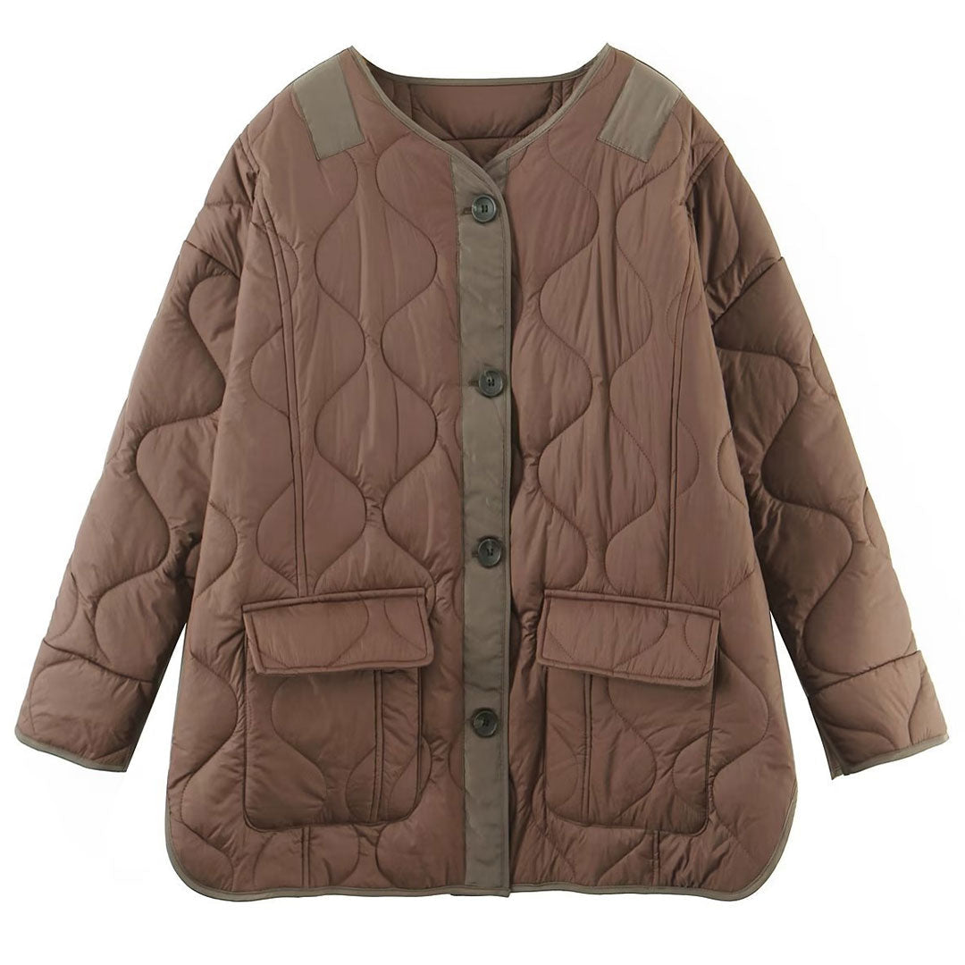 Chocolate Long Sleeve Button Down Flap Pocket Oversized Quilted Jacket