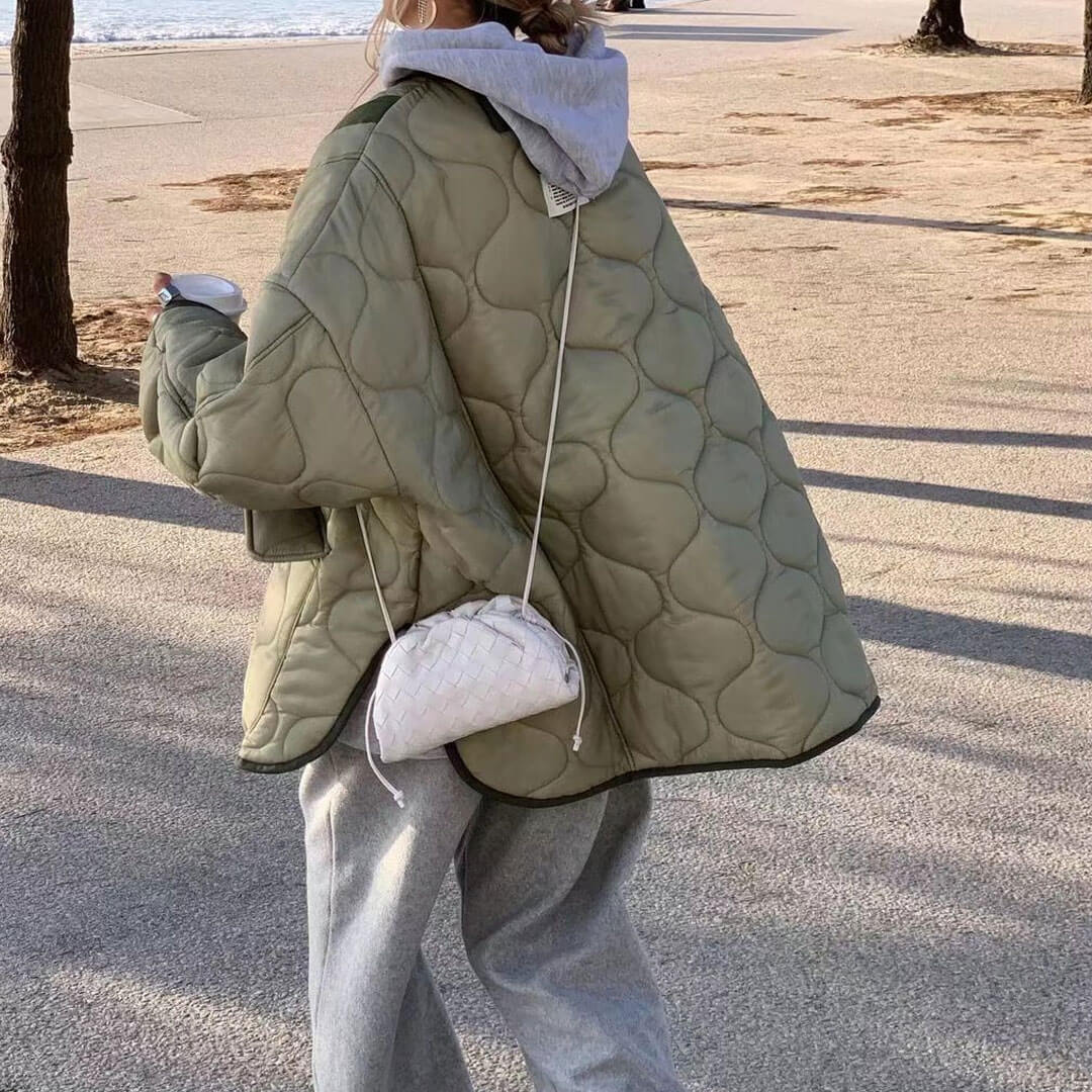 Sage Green Long Sleeve Button Down Flap Pocket Oversized Quilted Jacket