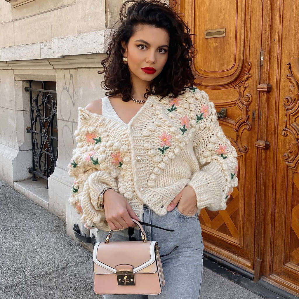 Apricot Floral Embroidered Bobble Knit Pearl Button Chunky Cardigan