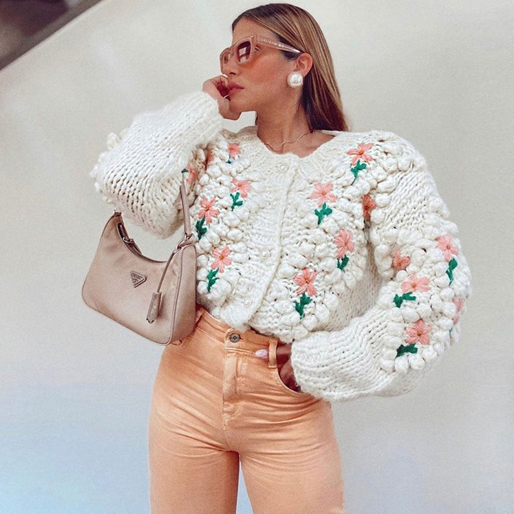 Apricot Floral Embroidered Bobble Knit Pearl Button Chunky Cardigan 2
