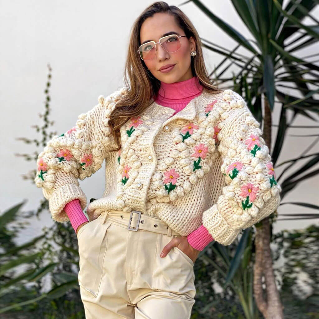 Apricot Floral Embroidered Bobble Knit Pearl Button Chunky Cardigan 3