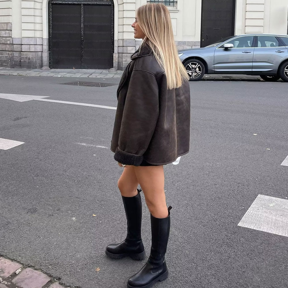 Coffee Notch Collar Button Front Long Sleeve Faux Suede Shearling Coat