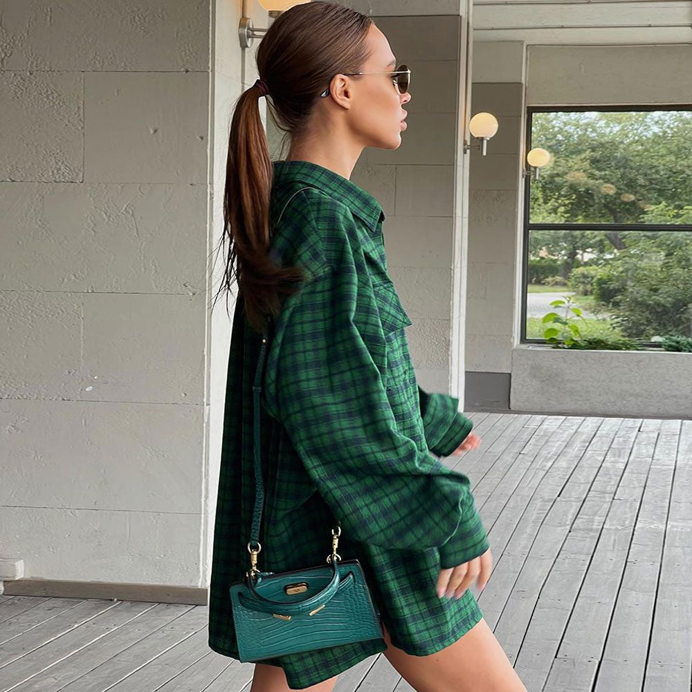 Bishop Sleeve Pointed Trendy Collar Shirt - Brown L / Emerald Green Blouses