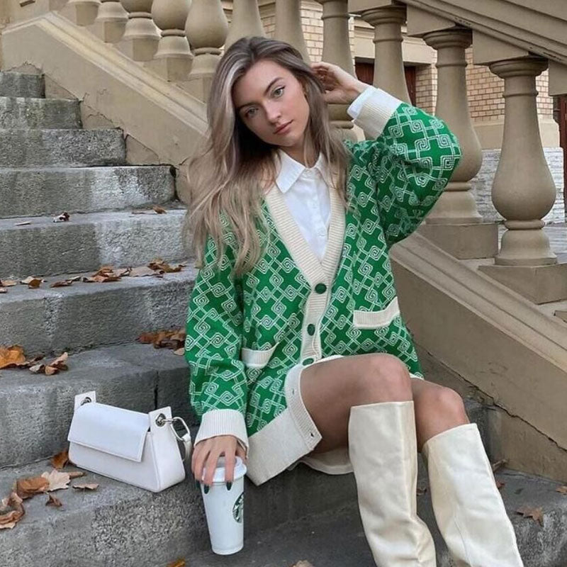 Green Diamond Pattern V-Neck Button Up Long Sleeve Knit Cardigan
