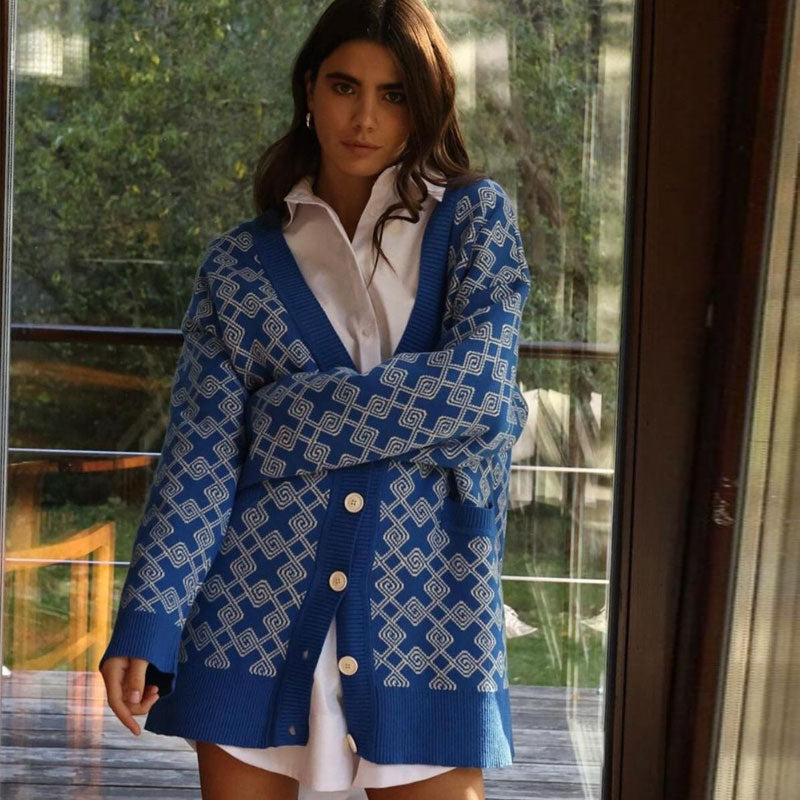 Blue V-Neck Geometric Pattern Button Front Long Sleeve Knit Cardigan
