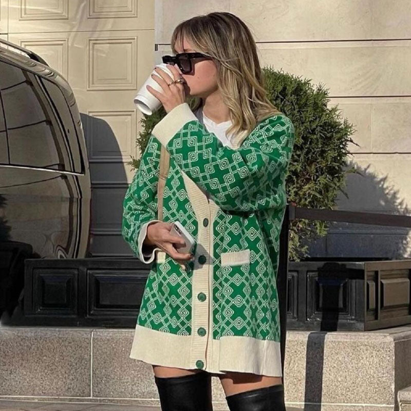 Green Diamond Pattern V-Neck Button Up Long Sleeve Knit Cardigan 2